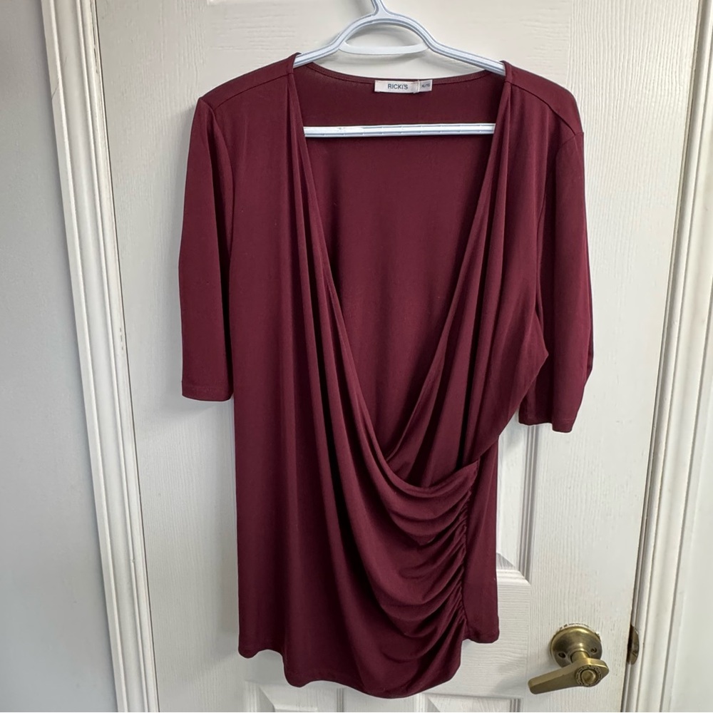 Ricki's Burgundy Drape Blouse XL 3/4 Sleeve Stretch Business Casual Top NWOT